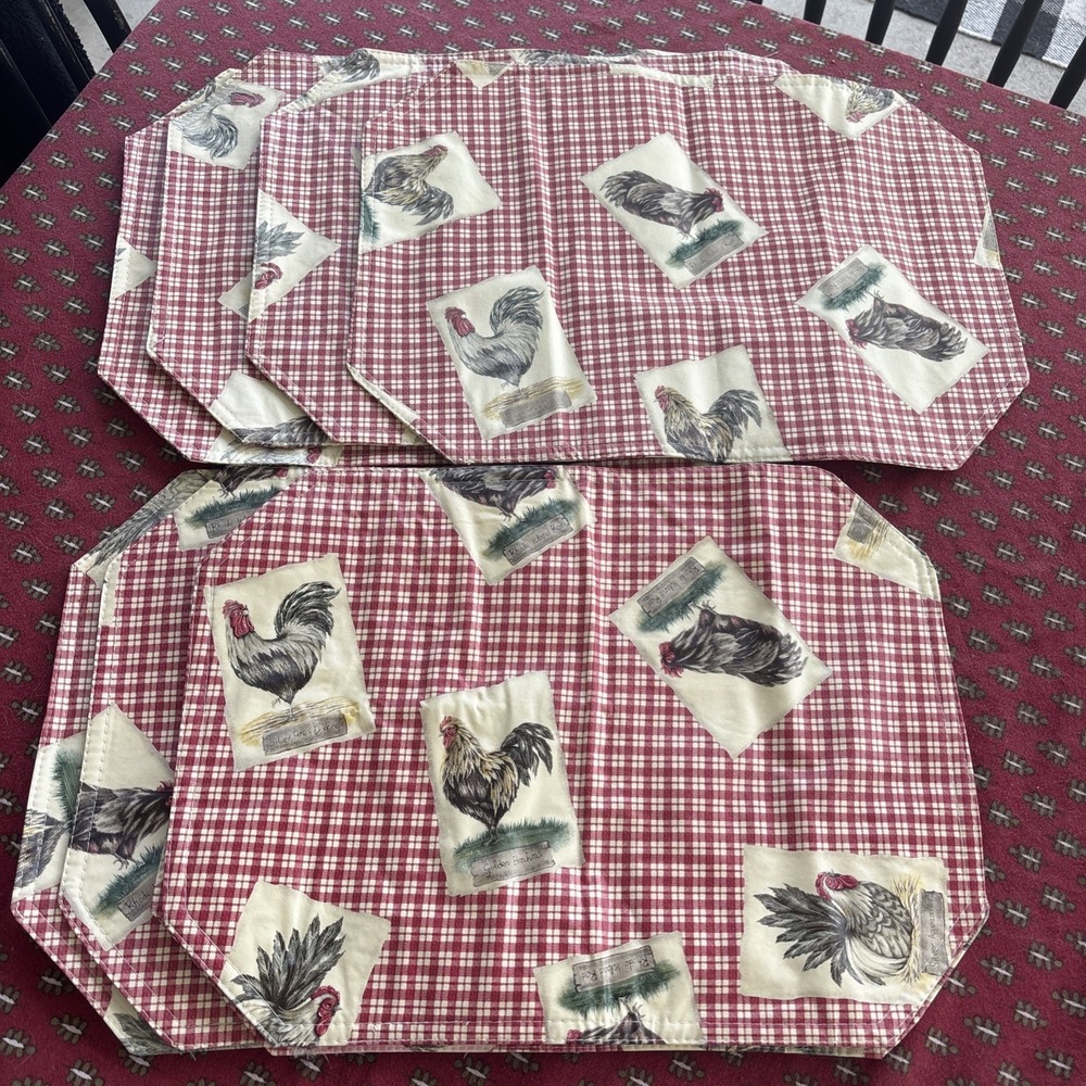 Chicken Rooster Vinyl Placemats Country Farmhouse Rustic Set Of 8 Red Check